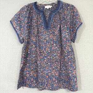 Gen Happy Women's Embroidered Trim Peasant Top Size‎ S Blue Floral Cottage Boho
